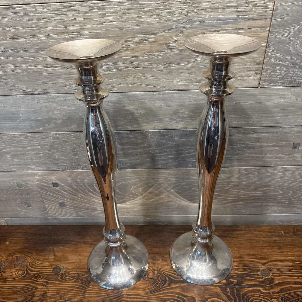 Pottery Barn Silver Plated Candlestick Holders Pair Large Pillar Taper Decor